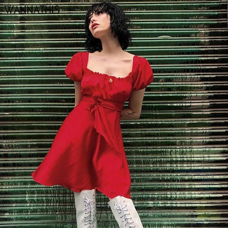 

WannaThis Satin Silk Elegant Dresses Women High Waist Sexy Red Solid Square Collar Short Puff Sleeve Mini Casual Summer Vestidos