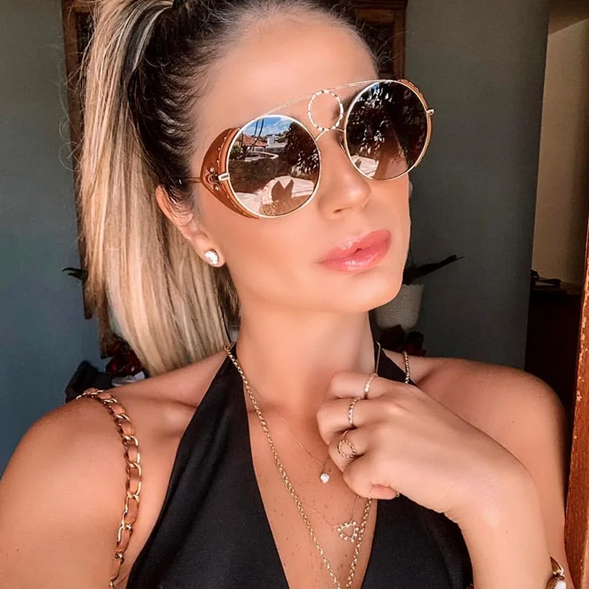 Итальянские роскошные круглые солнечные очки знаменитостей, женские брендовые дизайнерские ветрозащитные солнцезащитные очки из искусственной кожи с заклепками для женщин и мужчин, трендовые солнцезащитные очки