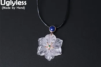 

Uglyless S 925 Sterling Silver Women Flower Sweater Necklaces Transparent Crystal Sakura Pendants with Leather Rope Chains Lapis