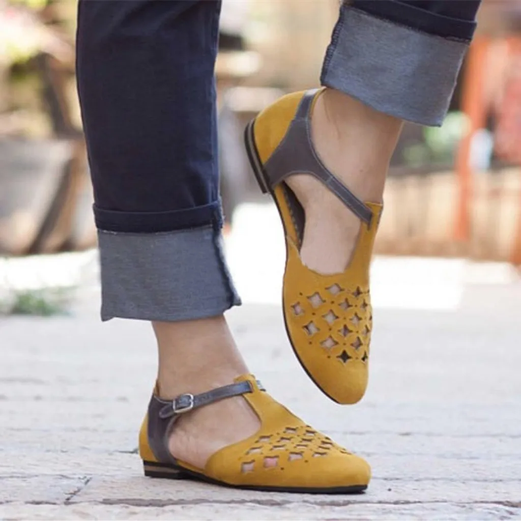 

Top Brand 2019 New Ladies Sandals Women Fashion Solid Flat Sandal Shoe Retro Buckle Roman Hollow Slippers Shoe Zapatos De Mujer