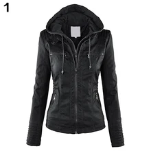 Fashion Women Convertible Collar Faux Leather Coat Detachable Hooded Jacket