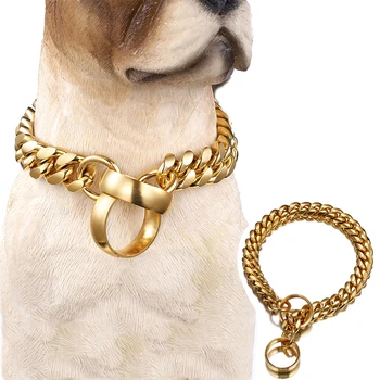 

14mm Fashion Dog Chain Collar Golden Stainless Steel Slip Dog Collars For Large Dogs Strong Choke Necklace For French Bulldog