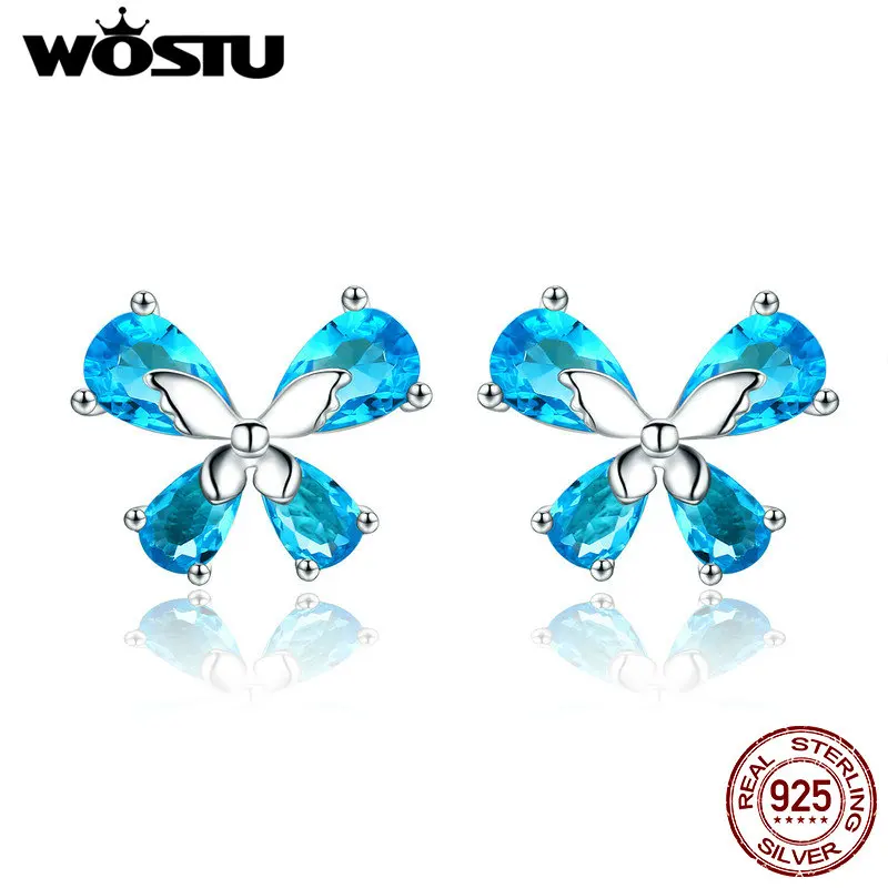 

WOSTU Jewelry Making 925 Sterling Silver Elegant Butterfly Blue CZ Stud Earrings For Women Wedding Jewelry Fashion Gift CQE371