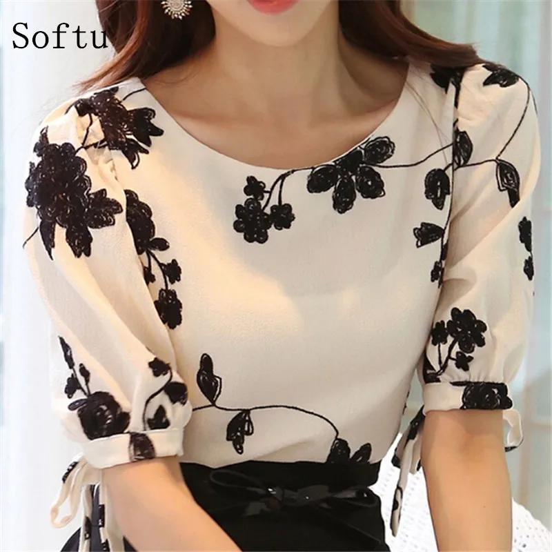Softu Fashion Women's Blouse Summer Tops Chiffon Casual Women's Shirt O Neck Half Sleeve Floral Printing Female Blusas Clothing