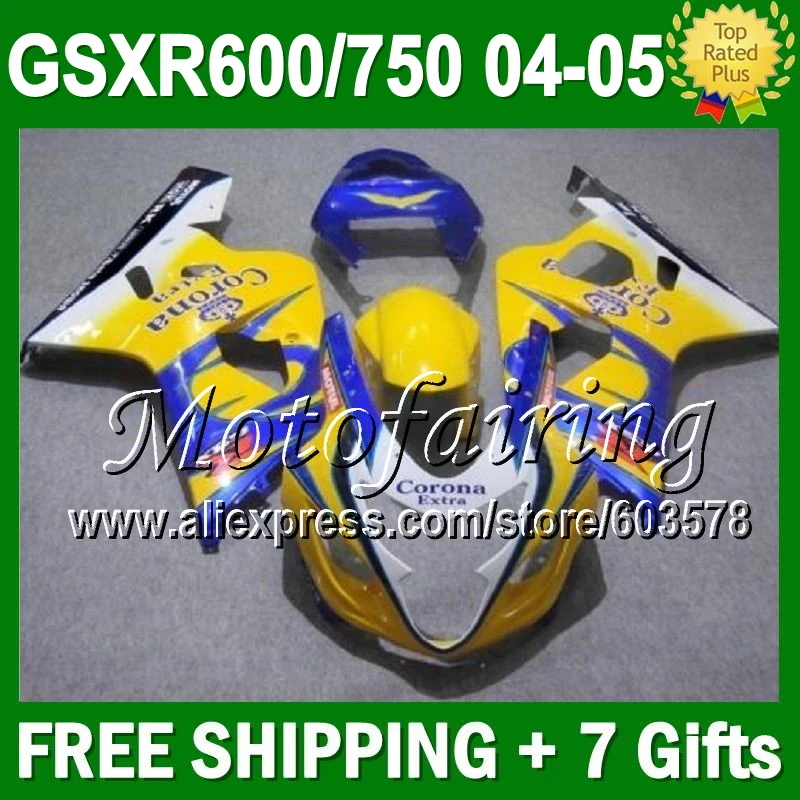 

7gifts+Cowl For SUZUKI yellow blue GSX-R600 K4 04 05 GSXR600 Bodywork C#107J24 GSXR750 2004 2005 CORONA GSX-R750 Fairing