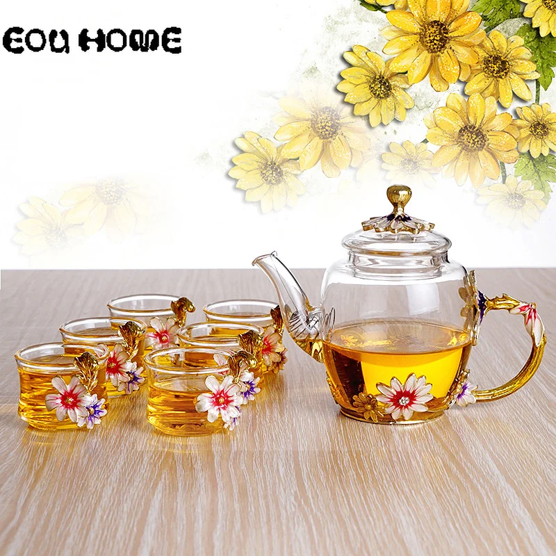 

Creative Hand-painted Kung Fu Teapots Heat-resistant Glass Enamel Kettle Teacup Flower Teapot Coffee Fruit Juice Cup Cold Kettle
