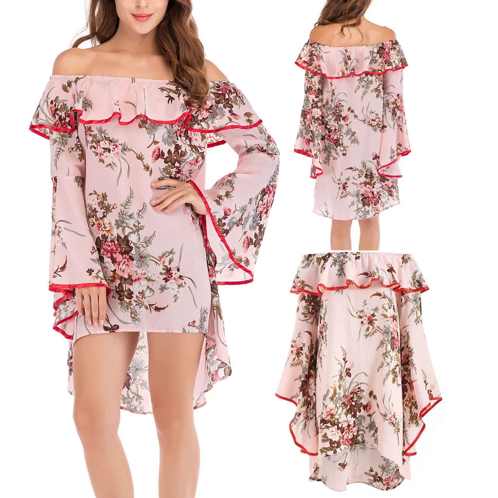 Модные женские повседневные платья с цветочным принтом и расклешенными рукавами