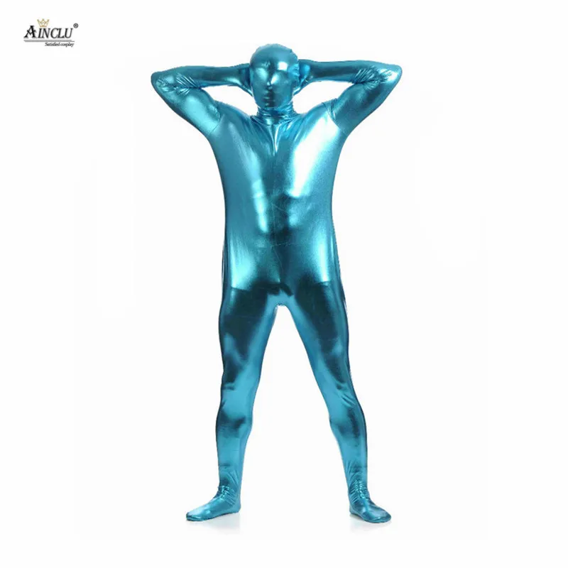 Синий клей Ainclu цельнокроеный металлический Zentai для хеллоуина блестящий спандекс