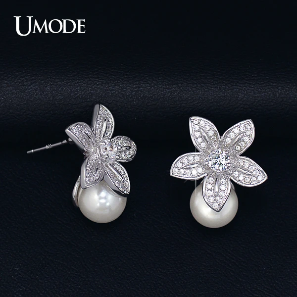 UMODE 2016 High Quality Simulated Pearl With Tiny AAA CZ Cubic Zirconia Flower Earrings Christmas Gift Jewelry UE0134