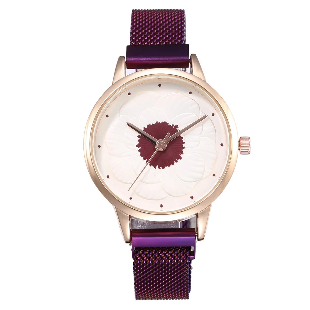 

Fashion Women Watch 3D Purple Flower Milan Magnetic Mesh Quartz Watch Ladies Girls Clock Gift montre femme reloj mujer relogio