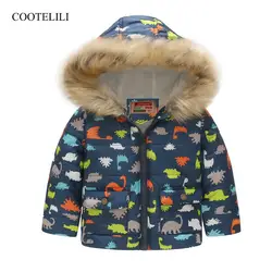 COOTELILI/милый динозавр Зимняя куртка для мальчиков, детская зимняя куртка хлопковая флисовая меховая парка с капюшоном для маленьких