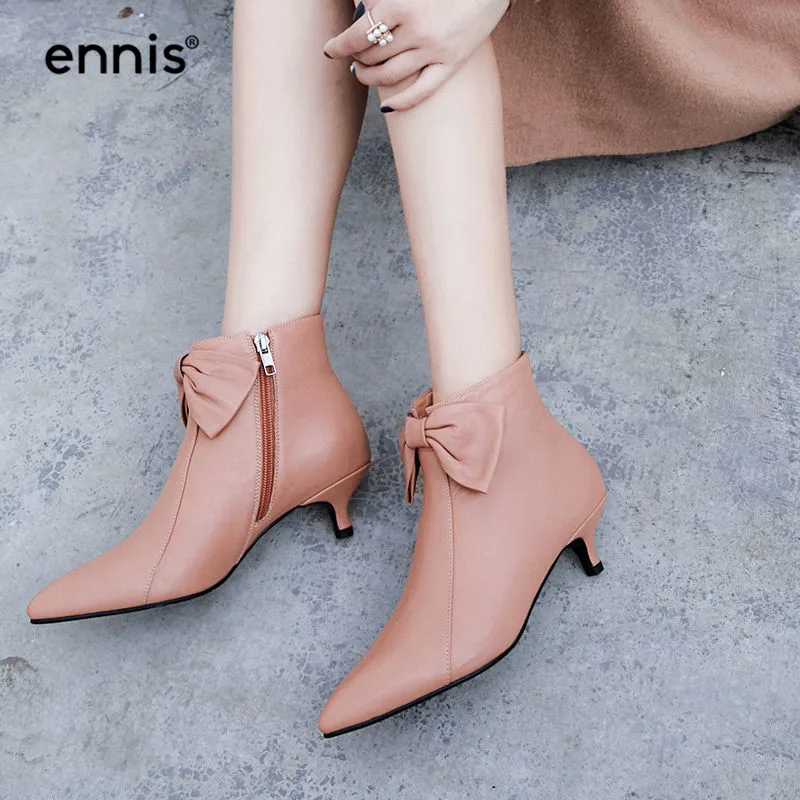 Botines pink Fino Negro Cuero Invierno Zip Talón Zapatos Punta Ennis Dedo Tobillo Genuino Mujeres Black De 2018 Botas Rosa Pie A8140 Otoño Bowtie Del WwnUqYg0