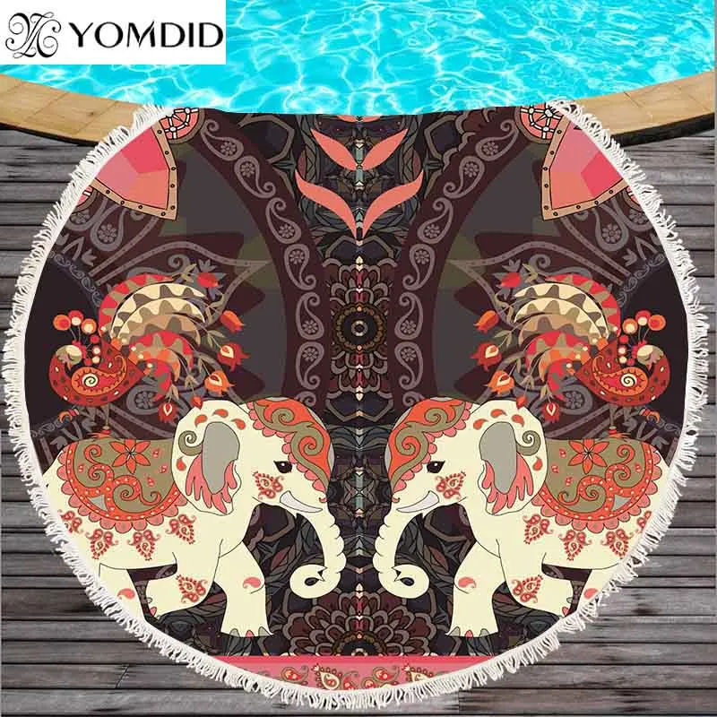 Indian Elephant Printing Beach Towels Summer Round Beach Towel With Tassel Microfiber Bohemia