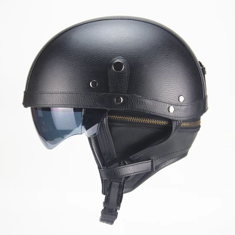 Мотоциклетный наездник полуоткрытый шлем из искусственной кожи с двойным объективом - Цвет: black