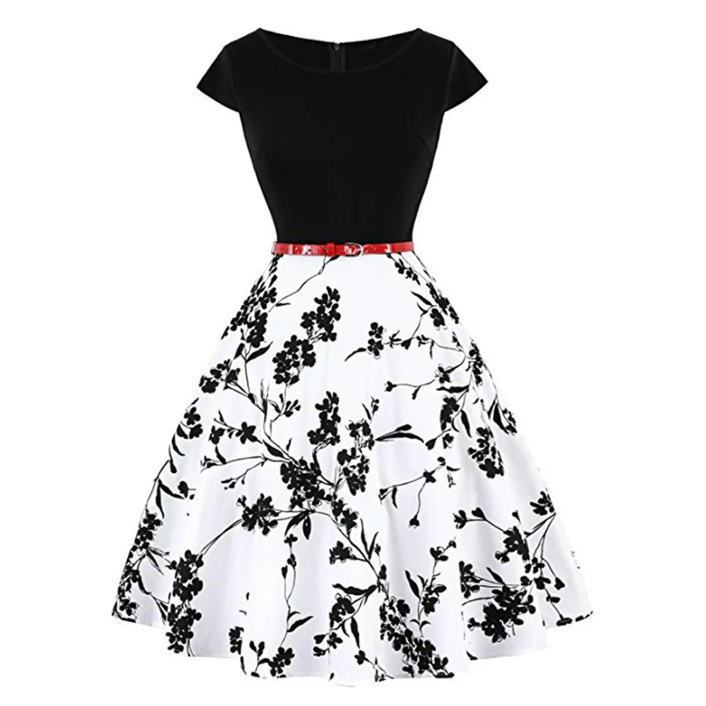 Summer 1950s 60s Vintage Retro Women Dress Short Sleeve Polka Flowers Patchwork Party Vestido Elegant A Line Blue Dresses