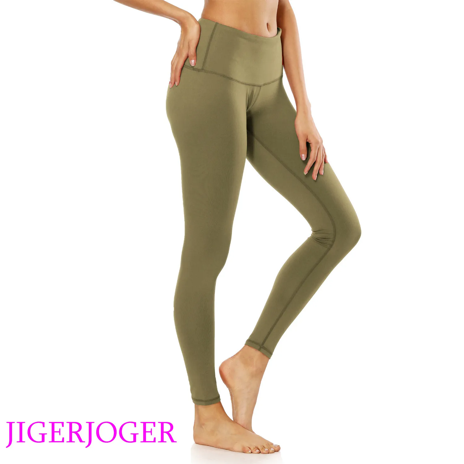 JIGERJOGER Brand quality high waistband a pocket Army green tight