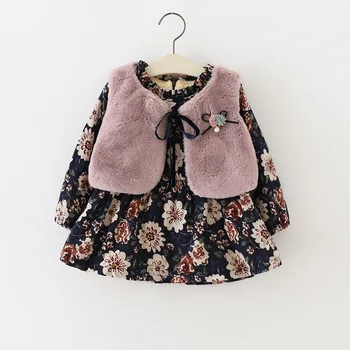 

Winter Autumn Girls Floral Dresses Child Winter Dress Set Baby Kids Boutique Clothing Faux Fur Waist Coat 4sets/lot