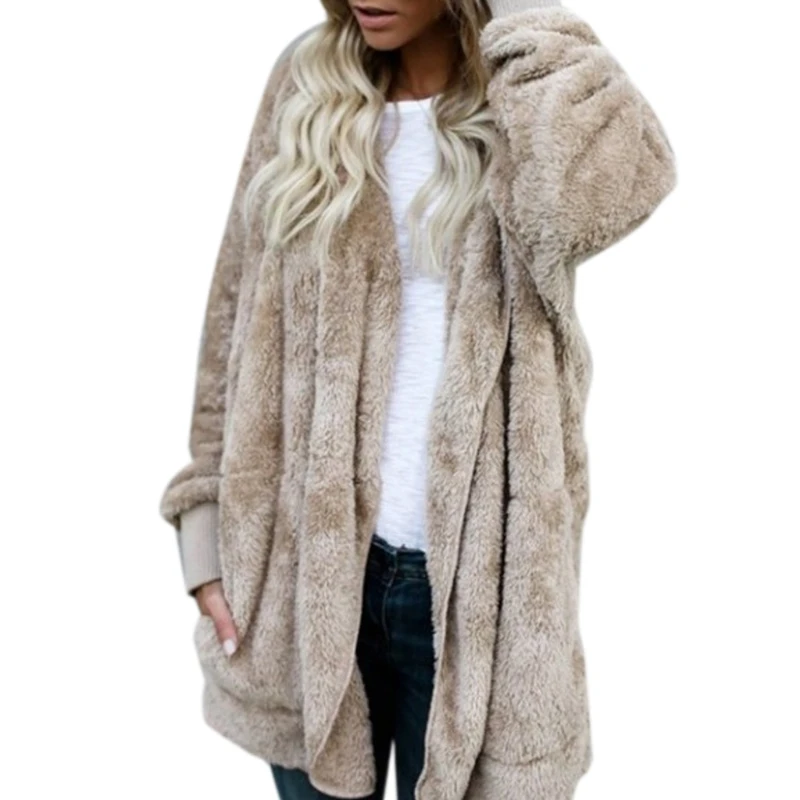 

Womens Faux Fur Coat Hooded Cardigan Jacket Open Front Long Sleeve Solid Color Warm Streetwear Casual Outwear W15