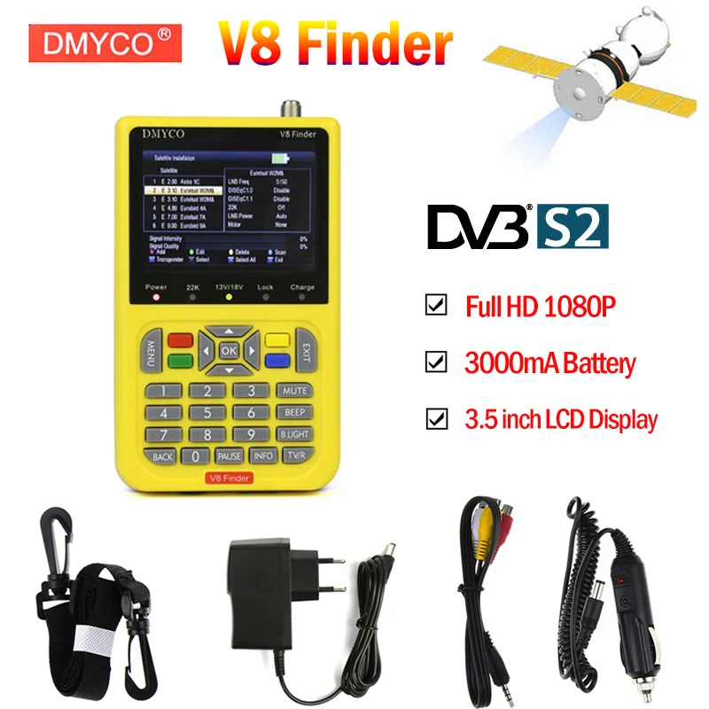 

Digital Satellite Finder Meter V8 Finder HD LCD DVB-S2 SatFinder MPEG-2 MPEG-4 with 3000mA Battery Free V8 Finder FTA Sat finder