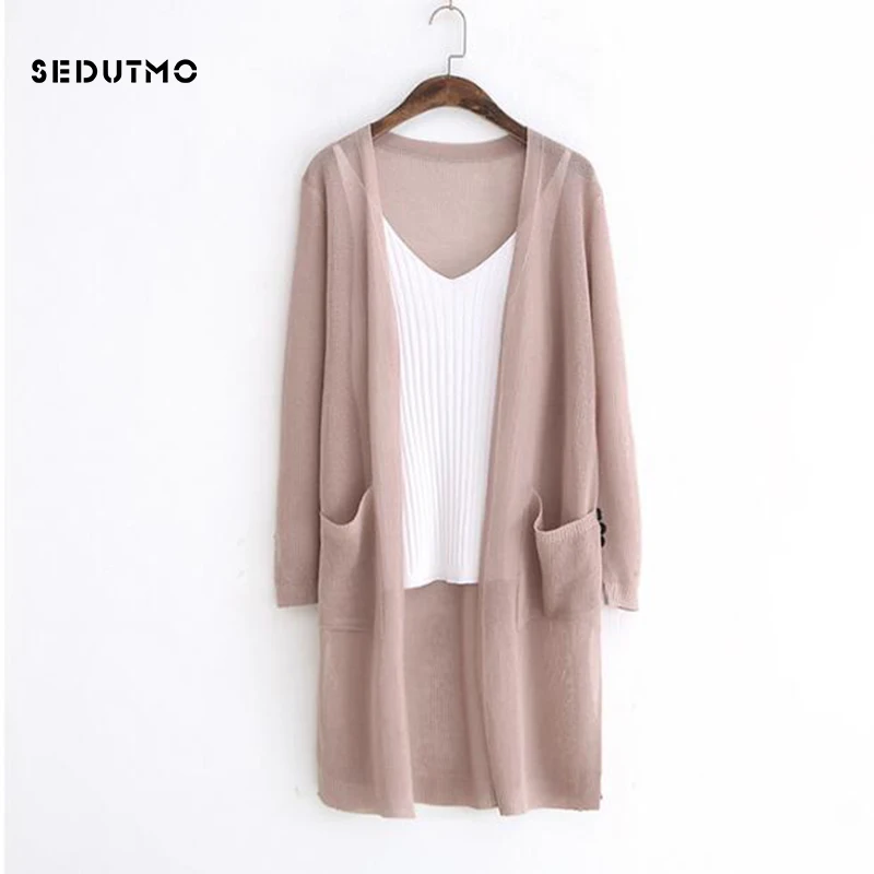 

SEDUTMO 2018 Spring Long Cardigan Woman Sweater Knitting White Sweater Long Sleeve Thin Tunic Pocket Top ED309