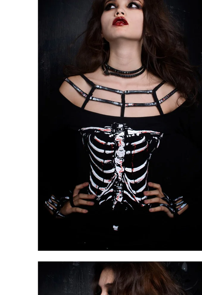 Панк рейв рок скелет печати рубашка Женская мода Вампир Стиль Топ один размер T249