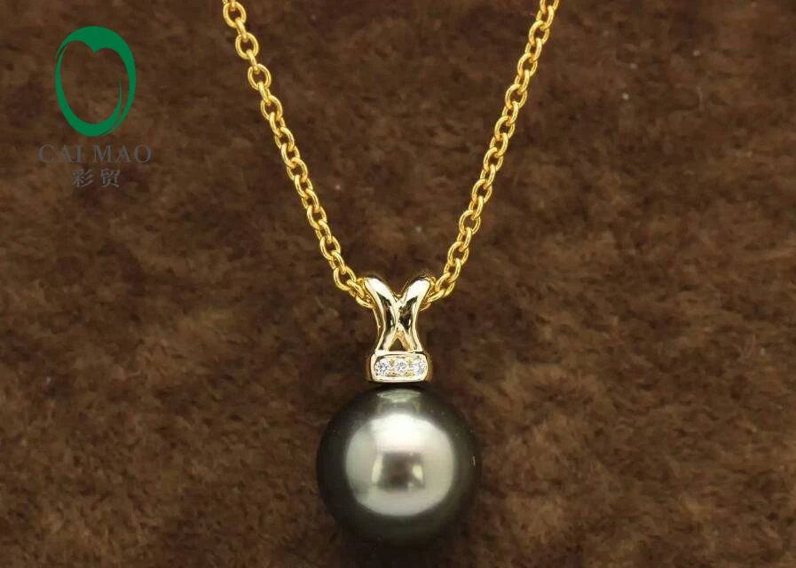 14k Yellow Gold precious Black Pearl& 0.018ct Diamond Pendant