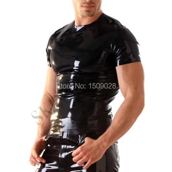 Черные резиновые Топы латексные футболки с круглым вырезом