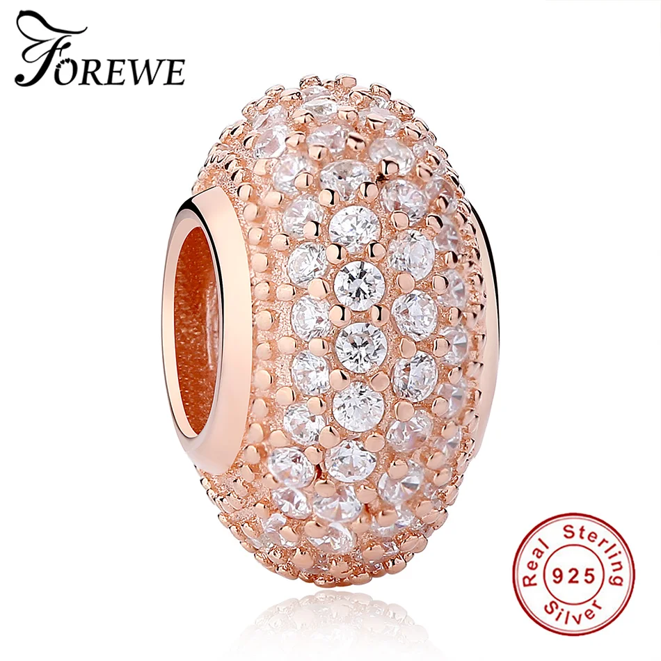 FOREWE Authentic 925 Sterling Silver Charm Bead Rose Gold Crystal Round Charms Fit Pandora ...