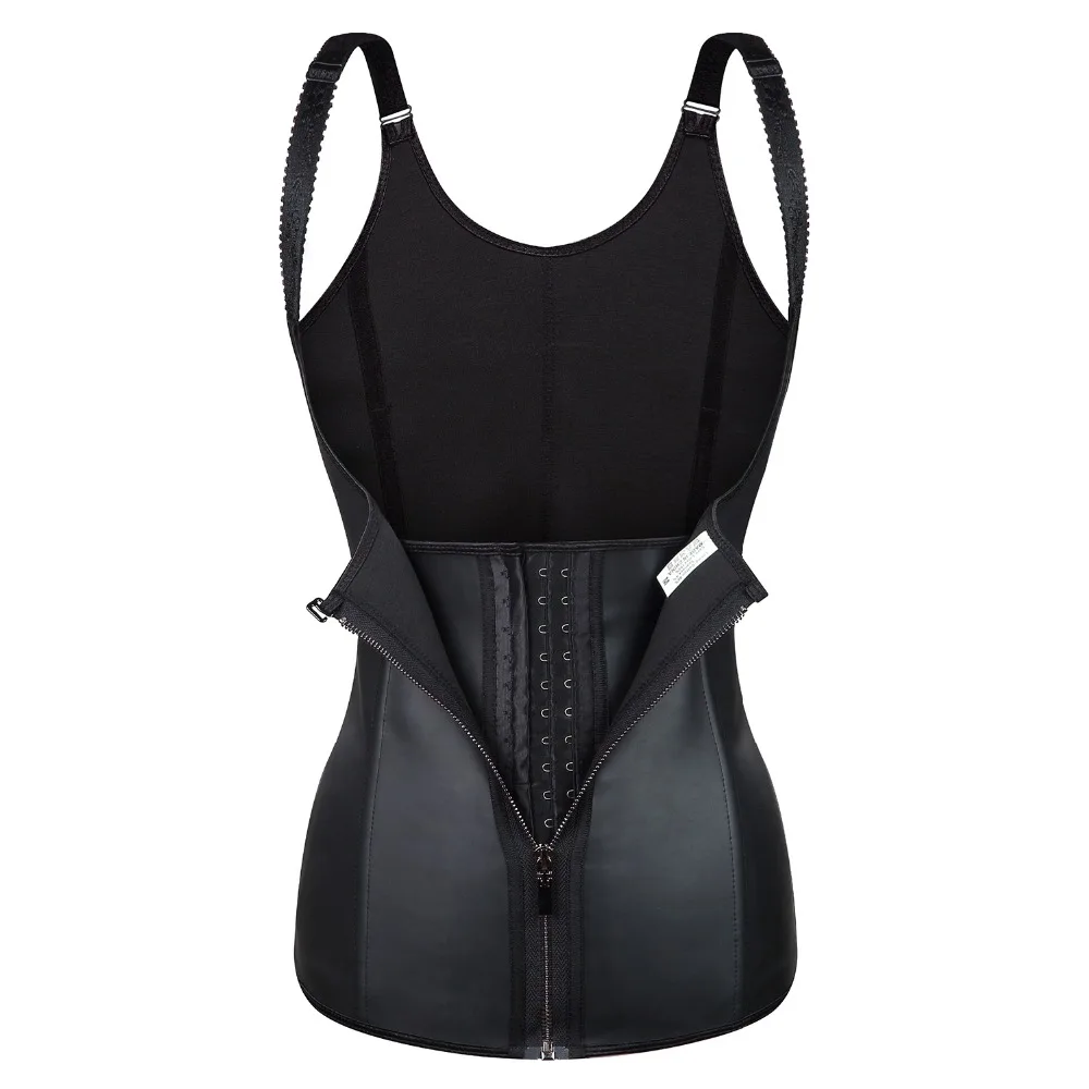 Zipper & Hook Women Black Latex Waist Trainer Corset Vest Steel Bone