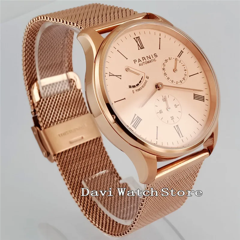 42mm Parnis Mens Watch Rose Gold Date Power reserve seagull automatic Stainless steel