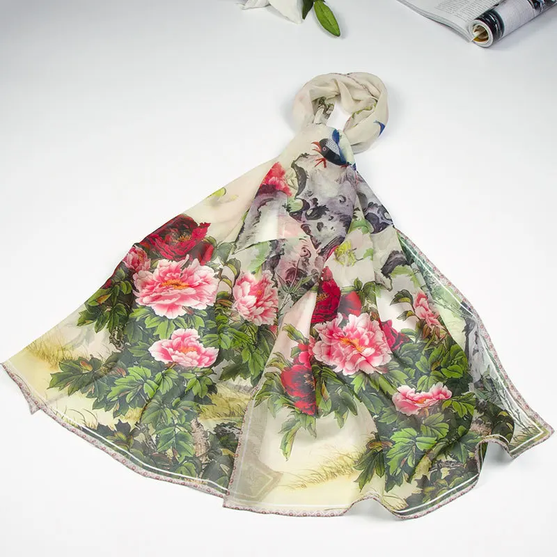 

100% Silk Scarf Women Scarf Peony & Bird Silk Shawl 2019 Designer Scarf Female Silk Pashmina Thin Silk Wrap Luxury Lady Gift