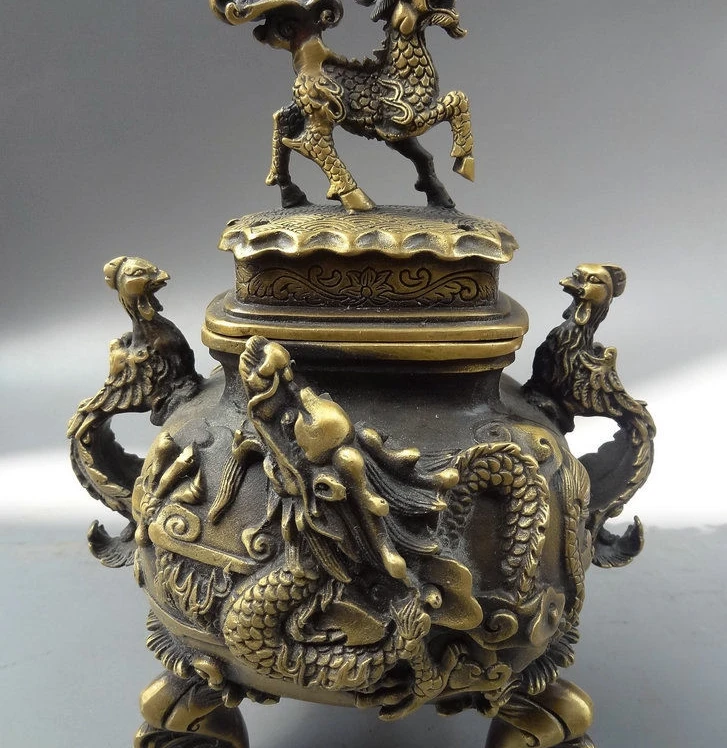 

Chinese Bronze JiXiang Dragon Phoenix Dragon Kylin Statue Incense Burner Censer