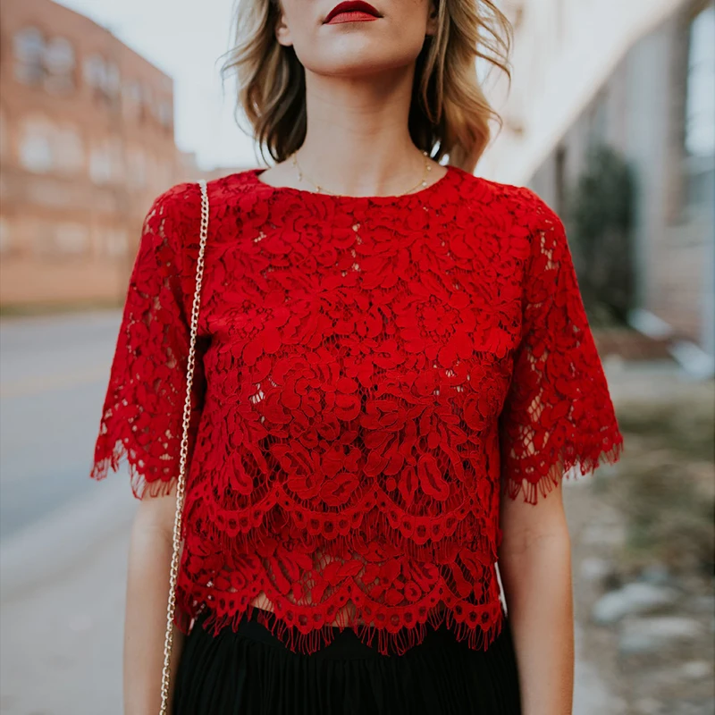 

Sexy Lace Blouse Women 2019 Spring Summer Short Sleeve Shirt Ladies Elegant Lace Hollow Out Tops Tee Slim Black White Shirt