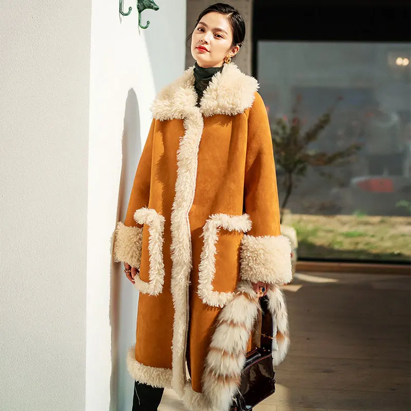 Women Lamb Moose Suede Noble Wool Coat Thick Warm Fashion Parka Long Winter Jacket Female Caramel Color Overcoat Tops ss038 | Женская