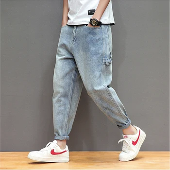 

Four seasons Men Solid Multi-pocket Harem Jeans straight Loose Joggers Jeans Hip hop Light Blue Ankle-length Denim Trouers