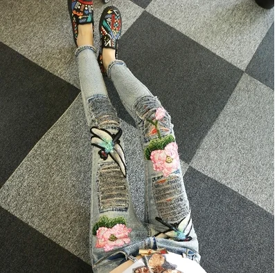 Осень патч с Микки Маусом рваные джинсовые штаны брюки для подростков пят зауженные джинсы 14 джинсы для девочек - Цвет: Color 10