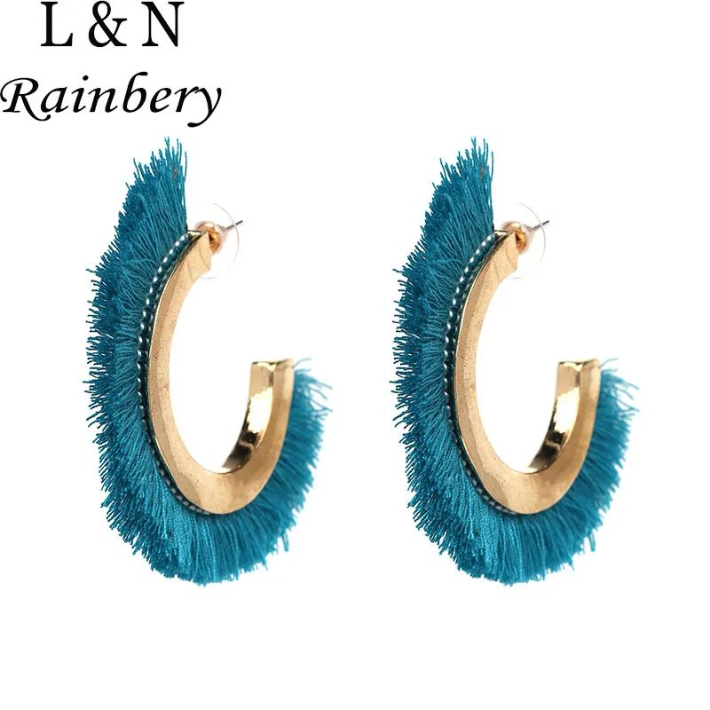 

Rainbery Bohemian Cotton Colorful Tassels Earrings For Women Vintage Jewelry Letter C Metal Stud Earrings JE0545