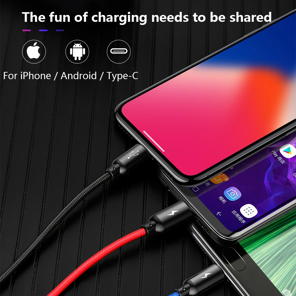 Baseus 3 в 1 USB кабель для мобильного телефона с разъемом Micro usb type C зарядки iPhone