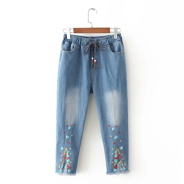 4XL Women Jeans Pants 2018 Spring High Waist Casual Trousers Jeans Woman Plus Size Tassels Embroidery Calf-Length Pants