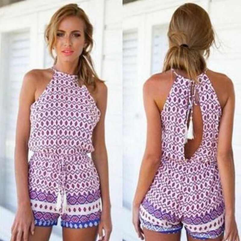 Women Strap Print Vintage Short Rompers Jumpsuit Sexy Club Halter Neck