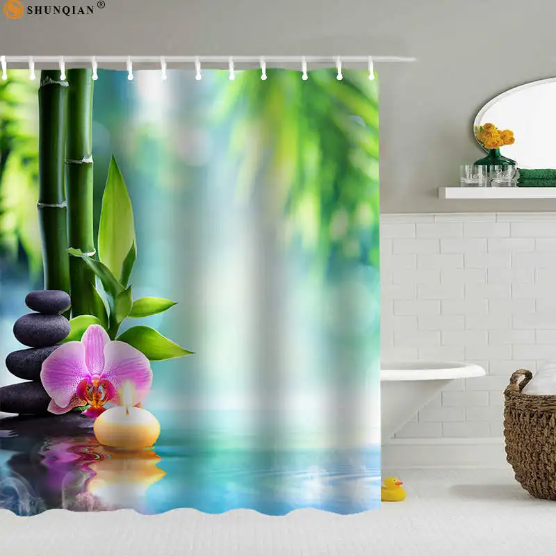 

ShunQian Bamboo Orchid Flowers Shower Curtain Polyester Fabric Decoration Modern Bathroom 60X72,66X72,66X79,72X72,72X79(inch)
