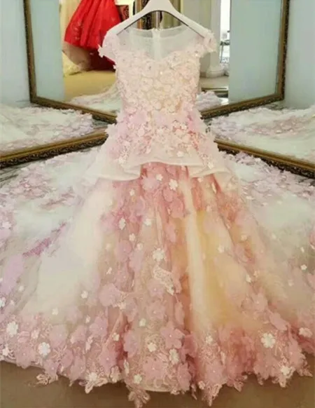 

Luxury Customized High Quality Flower Girls Dresses 3D Appliques Lace with Long Train Short Sleeve Girls Pageant Gown Any Size