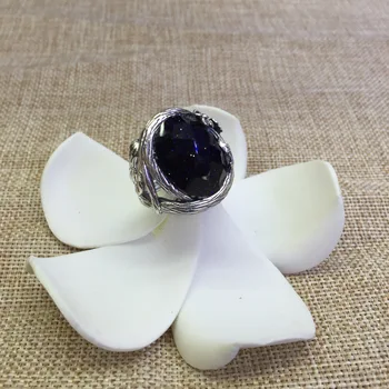 

[S925]silver inlaid blue sandstone flowers opening fine hollow ring