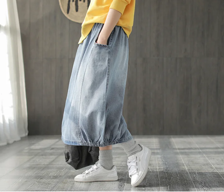 Spring Autumn Skirt Fashion Women Large size Denim skirt New Ladies Elastic Waist pocket Bleached Mori girl Casual Loose skirt - Цвет: Небесно-голубой