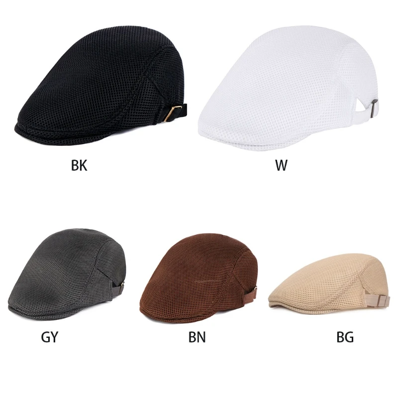 

Fashion New Men Women Breathable Mesh Summer Hat Newsboy Beret Cap Cabbie Flat Soft Driving Outdoor Adjustable 5 Colors