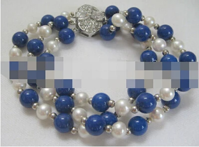 

>>>>>>> 3 row lapis lazuli and white freshwater pearl bracelet