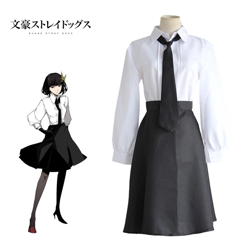 

Akiko Yosano Cosplay Bungo Stray Dogs Costume Top Shirt Tie Japanese Anime Cosplay Suit Black And White Costume