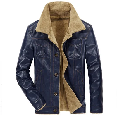 DIMUSI, зимняя мужская кожаная куртка, повседневная мужская Толстая Флисовая теплая кожаная куртка, мужские мотоциклетные кожаные куртки с меховым воротником, 6XL - Цвет: Blue