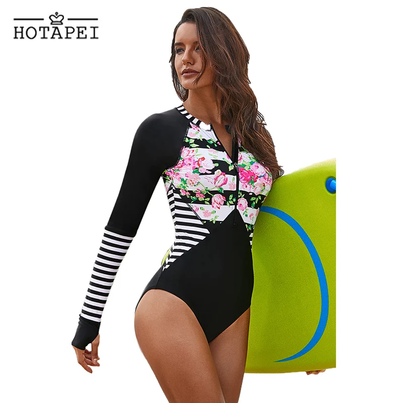 

Hotapei 2019 New Print One Piece Swimsuit Long Sleeve Swimwear Women Zipper Bathing Suit Retro Sport Bodysuit Surfing Swim Wear