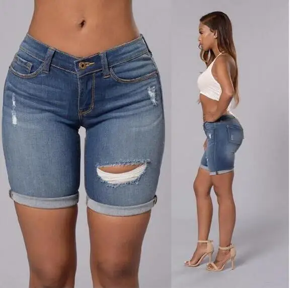 2017 wome's apparel Half Ripped Jeans New High Waist Personality